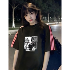 抖音得物品质二开240克宽松纯棉美式潮牌印花三条杠中性风短袖T恤，男装T恤，电商A486