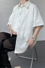 高品质潮流短袖衬衫小众解构肌理感黑色裂纹韩版花衬衫打底T恤P50，男装T恤，电商B319