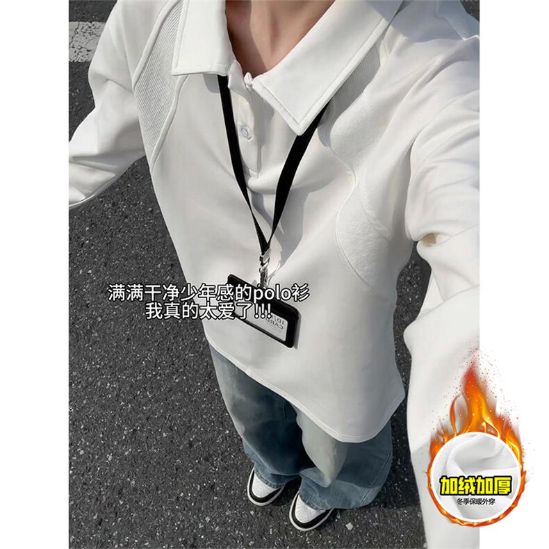 抖音得物高品质美式高街重磅曼巴棉结构螺纹拼接翻领卫衣长袖T恤图片