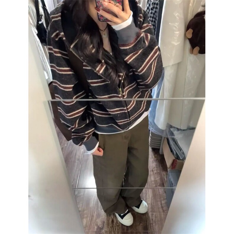 KK103-P75复古条纹拼色连帽拉链卫衣女春秋宽松开衫帽衫,男装卫衣,电商B323A