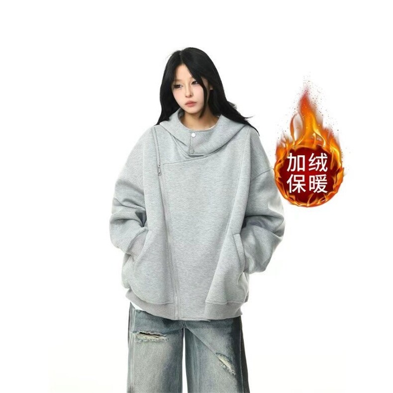 美式双拉链开衫连帽卫衣男女春秋重磅潮牌灰色加厚设计感情侣外套图片
