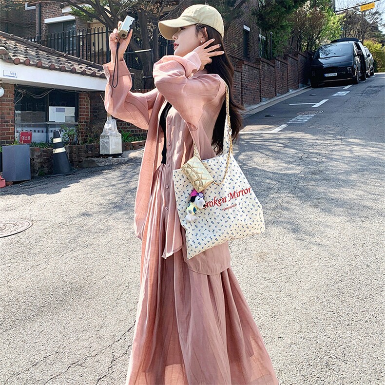 复古粉色防晒套装裙女夏季新款高级感轻熟长袖衬衫半身裙两件套潮,女装套装/套裙,2C085