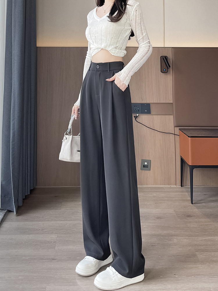 现货灰色西装裤女春夏高腰显瘦高级感垂感西裤直筒冰丝阔腿裤,女装休闲裤,云美莎专业女裤-全店现货