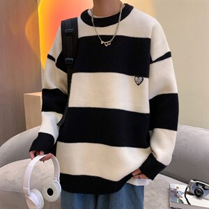 M3126-P80冬装新款潮流条纹百搭毛衣男女情侣宽松针织衫上衣外套,男装针织衫/毛衣,电商A009A（原A058A）