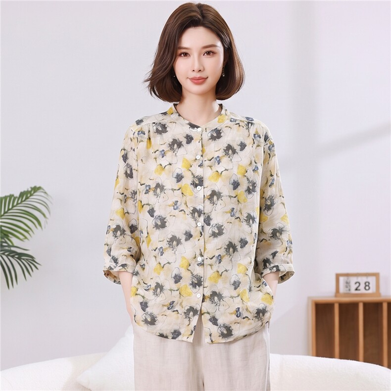 苎麻印花衬衫2026女夏季薄款透气中袖上衣中年妈妈宽松减龄,女装衬衫,忆绮罗