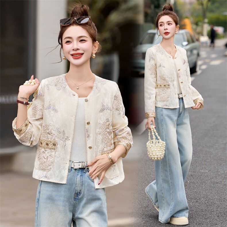 闺舍2025春季新款女装新中式国风缎面外套高级感禅意圆领印花上衣，女装防晒衣，妙形