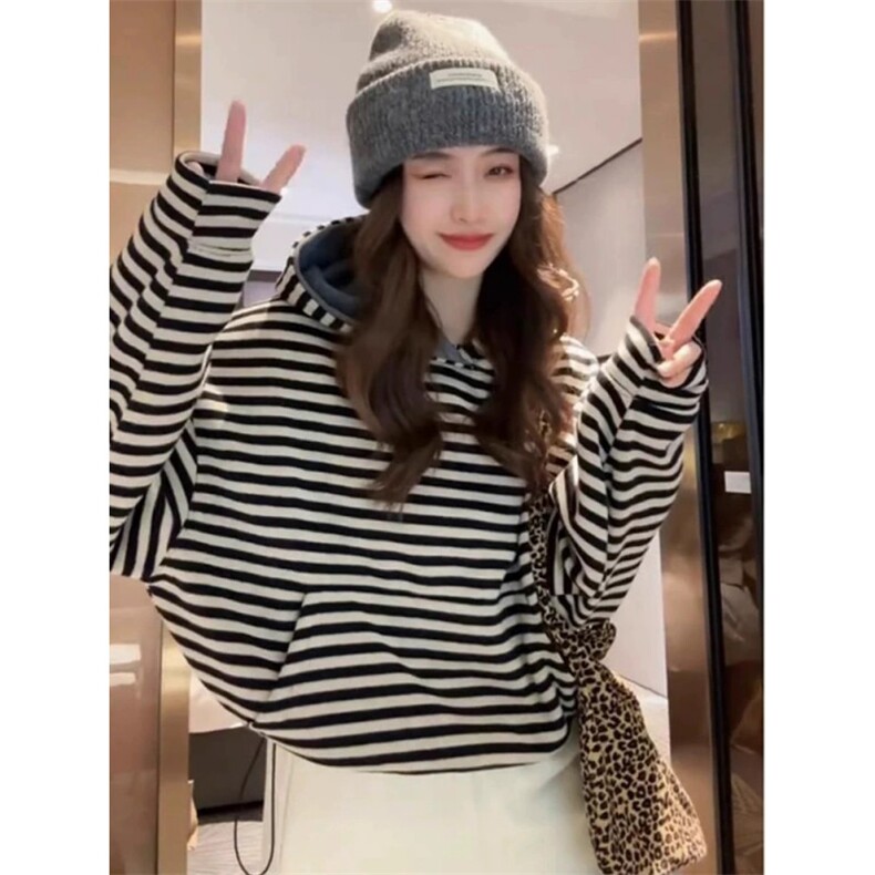 C0227-P60黑白条纹撞色连帽卫衣慵懒风短款美式高级感宽松上衣,男装卫衣,星座617A-2