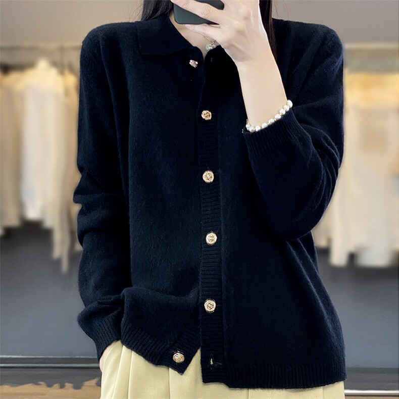 翻领polo针织开衫女2024秋新款纯色羊毛衫长袖短款外套,女装羊毛衫,越洋羊