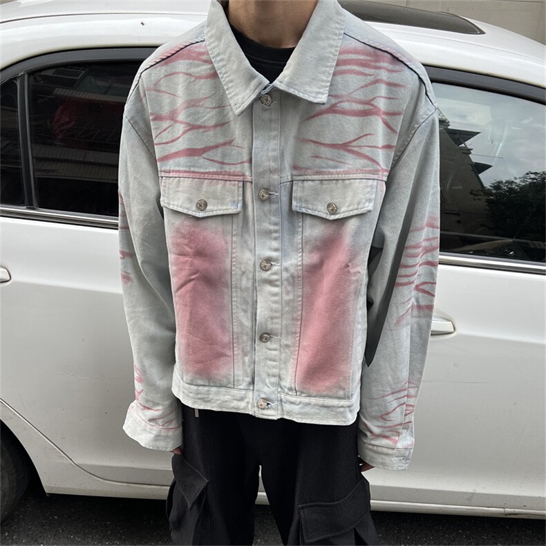 美式复古高街扎染牛仔外套男款高级感水洗工装夹克潮牌翻领机车服图片