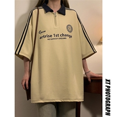 藏蓝色三条杠重磅短袖polo衫男夏季学院风撞色插肩六分袖有领t恤，女装T恤，电商C213(原B265)