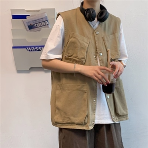 日系2024复古宽松工装马甲多口袋户外机能男女生同款露营战术背心图片