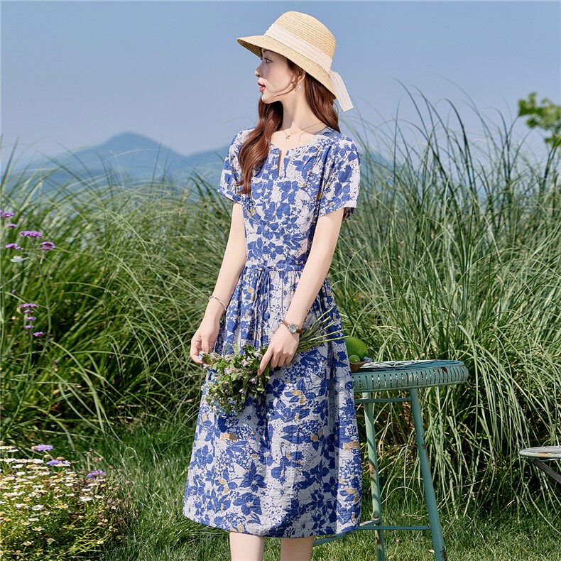 优雅碎花棉麻短袖连衣裙女夏2026新款小个子收腰显瘦气质减龄长裙,女装连衣裙,倪叶myz