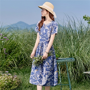 优雅碎花棉麻短袖连衣裙女夏2026新款小个子收腰显瘦气质减龄长裙图片