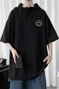 LD54224-P45 连帽短袖t恤男大码胖子带帽五分袖中袖图片