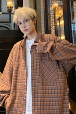 衬衫男2025春季新款港风大码宽松磨毛格子长袖衬衣CS580-P38(现货，男装衬衫，星座214-3