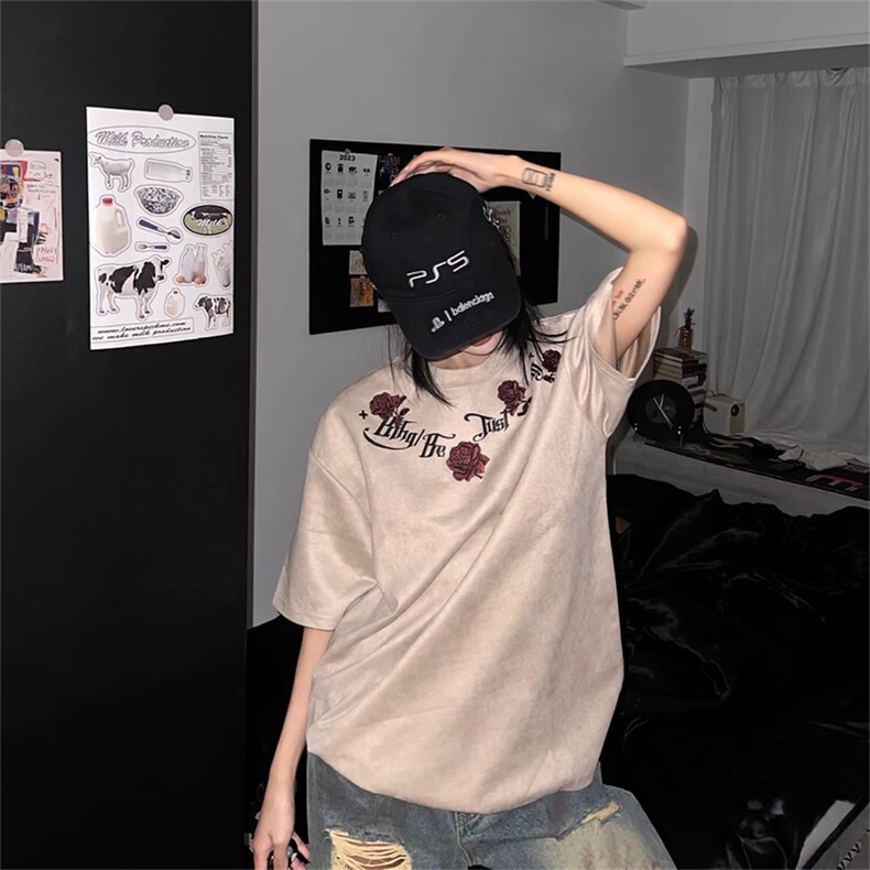 抖音得物直供货高品质短袖240克美式高街麂皮绒印花短袖t恤AJD01图片