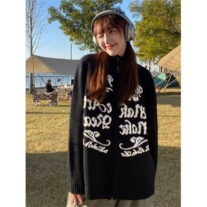美式复古黑色马海毛字母毛衣女早秋季2025年新款宽松套头针织衫女图片