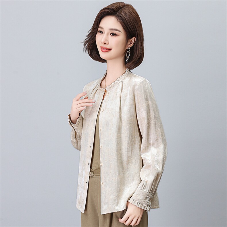原创女装杭州品牌专柜亚麻棉提花衬衫2026春季气质打底衬衣女上衣,女装衬衫,独衣靓