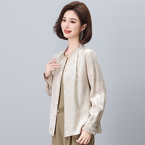 原创女装杭州品牌专柜亚麻棉提花衬衫2026春季气质打底衬衣女上衣图片
