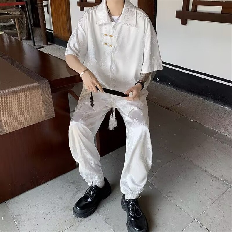 新中式风套装男龙纹衬衫短袖裤子2025新款男装XZ212-QTZ02-P65,男装T恤,星座212
