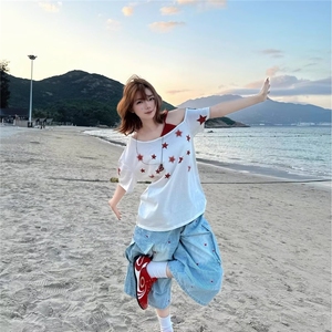 爱心条纹七分裤女外穿设计感街头褶皱多口袋宽松小众工装牛仔短裤图片