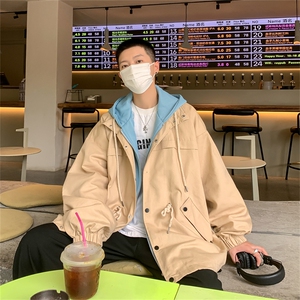 JK6002/P80秋装假两件男士抽绳夹克风衣男潮流宽松大码上衣男装图片