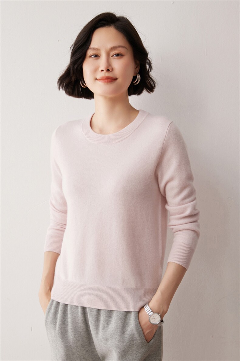 秋冬新款洋气时尚百搭显瘦女款圆领35%山羊绒衫,女装羊绒衫,艾巧羊绒