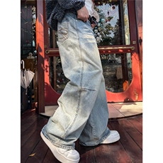 美式复古做旧条纹拼接猫须弯刀牛仔裤男阔腿拖地裤网BN225-P56，男装牛仔裤，星座1001-1