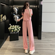 女夏季欧货高端纯色时尚运动休闲套装短袖上衣高腰阔腿长裤两件套，女装套装/套裙，江南