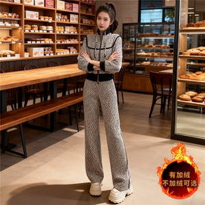 高级感洋气拼接时尚套装女秋冬新款短款拉链开衫卫衣阔腿长裤套装图片