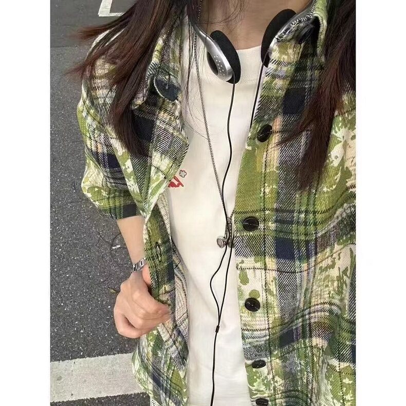 扎染短袖格子衬衫男夏季高街设计感衬衣vintage防嗮外套CY97,男装T恤,星座1116A（原606A-3）