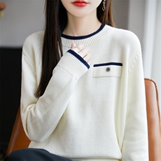 2025新款秋季小衫100%纯棉线针织衫女上衣长袖洋气遮肚拼色妈妈装，女装针织衫/毛衣，长今羊