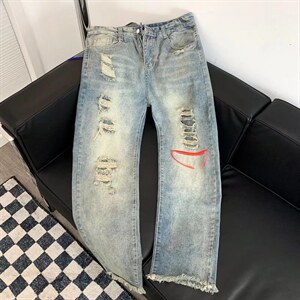ins街头美式刮烂破洞中性直筒裤高街宽松休闲牛仔裤男女N723-P45图片