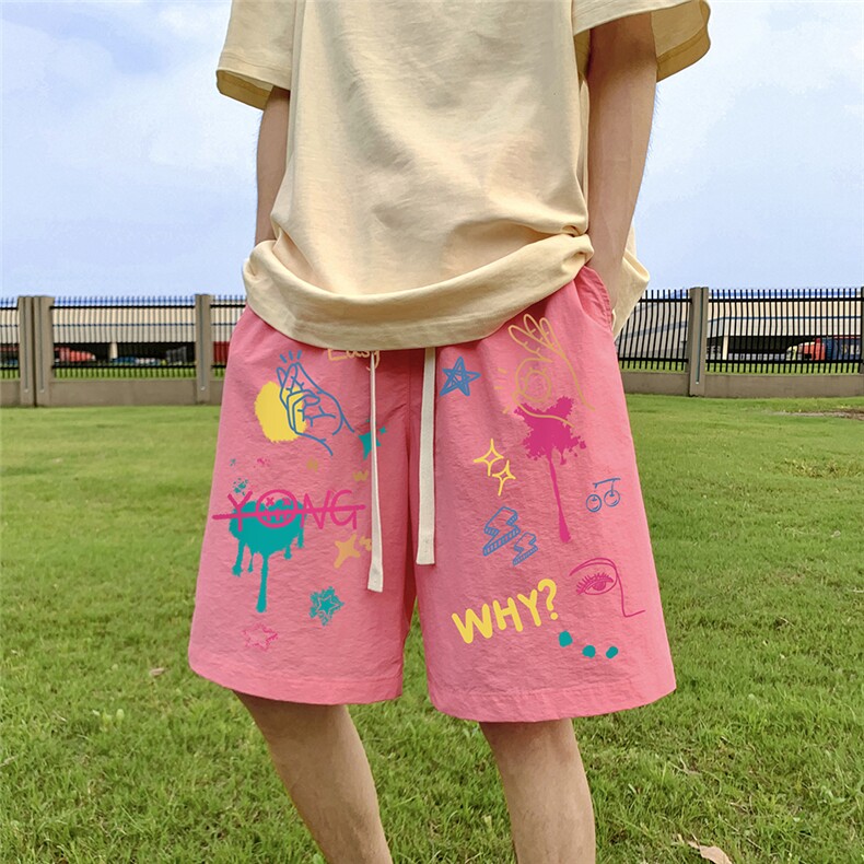 港风新款夏季时尚百搭宽松印花松紧腰短裤五分裤A6252P25控38,男装牛仔裤,电商A268A