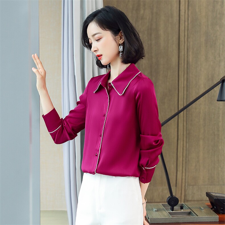 2023春秋季新款长袖衬衫女气质雪纺衫设计感小众时尚缎面轻熟上衣图片