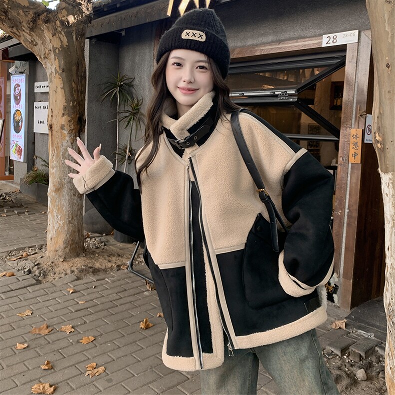 黑色炸街羊羔毛机车服外套女秋冬皮毛一体时尚洋气美拉德毛绒棉服,女装短外套,2C129