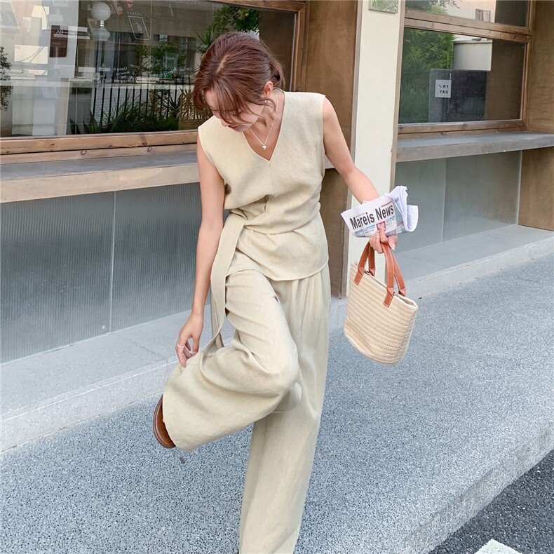 夏季淡人上衣阔腿裤两件套潮女2025年时尚气质设计感绑带收腰套装,女装套装/套裙,2C135