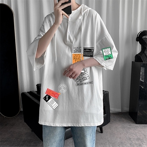 LD54121-P45 连帽短袖t恤男大码胖子带帽五分袖中袖图片