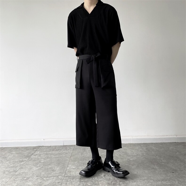 原创时尚个性大口袋设计腰绊带黑色七分裤男A345-1907-P65,男装牛仔裤,电商A345