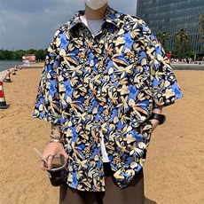 短袖衬衫男夏季新款日系风复古花衬衫痞帅男生度假t恤寸衣外C2211，男装衬衫，星座601-2