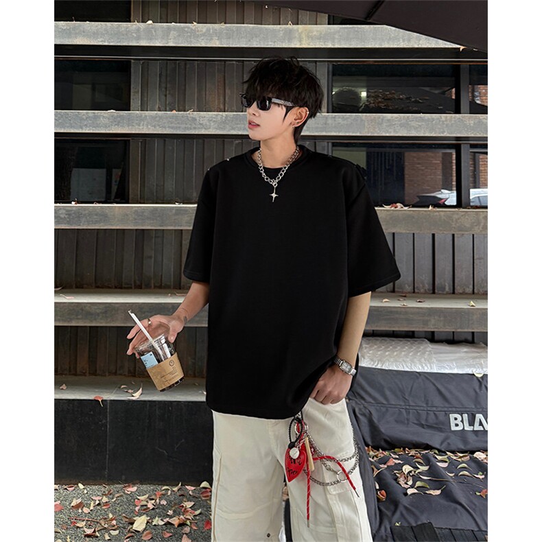 飞机扣不对称双肩设计打底T恤潮流高街上衣短袖T恤简约上衣P48,男装T恤,电商B319