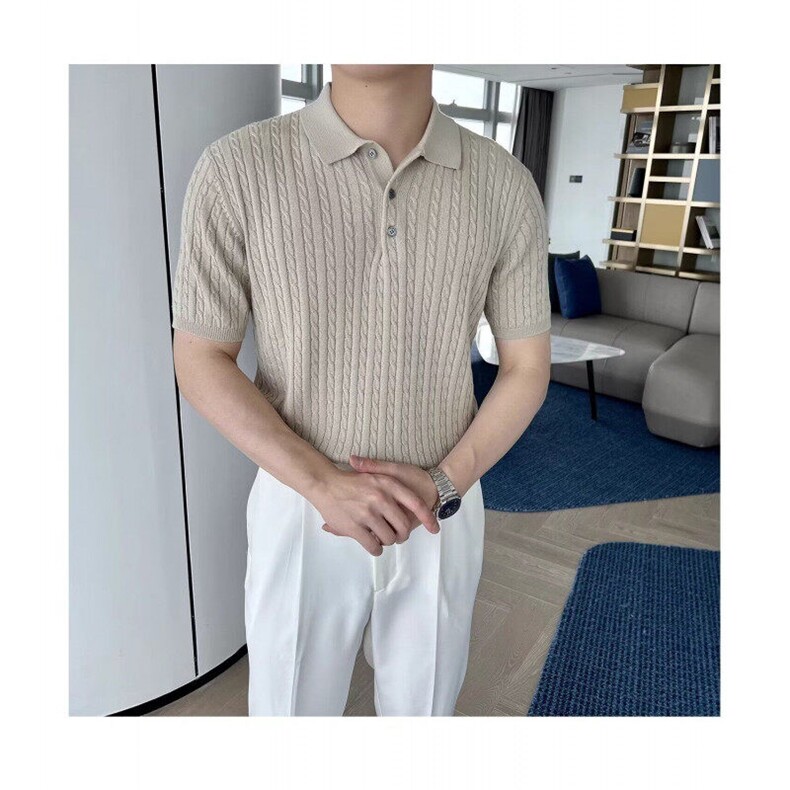 麻花扭绳针织polo衫老钱风短袖文艺无品牌百搭气质新款潮流简约,男装Polo衫,星座410-7