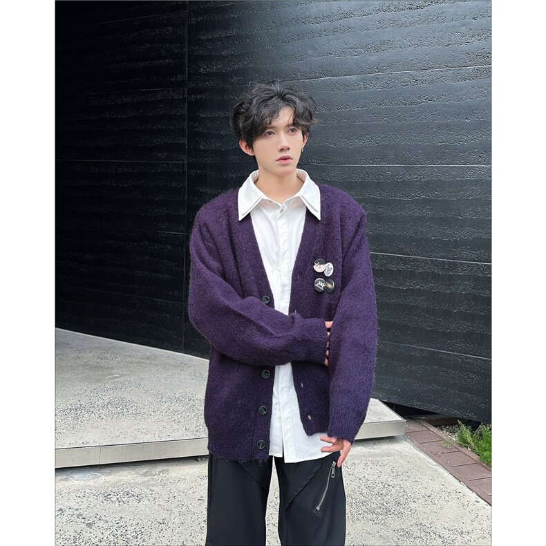 紫色百搭V领针织开衫男女秋冬新款胸针宽松慵懒风毛衣外套MY9802,男装针织衫/毛衣,星座506