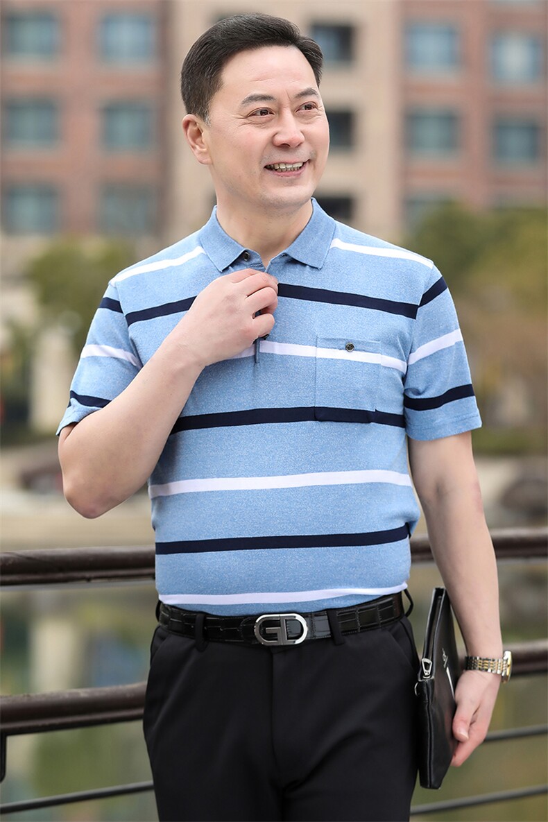 2025新款夏季爸爸装真口袋短袖t恤中老年男装翻领休闲冰丝POLO衫,男装T恤,星座1109