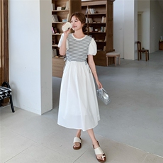 时髦减龄撞色条纹拼接淡人连衣裙女2025夏季法式茶歇小众设计长裙，女装连衣裙，2C212
