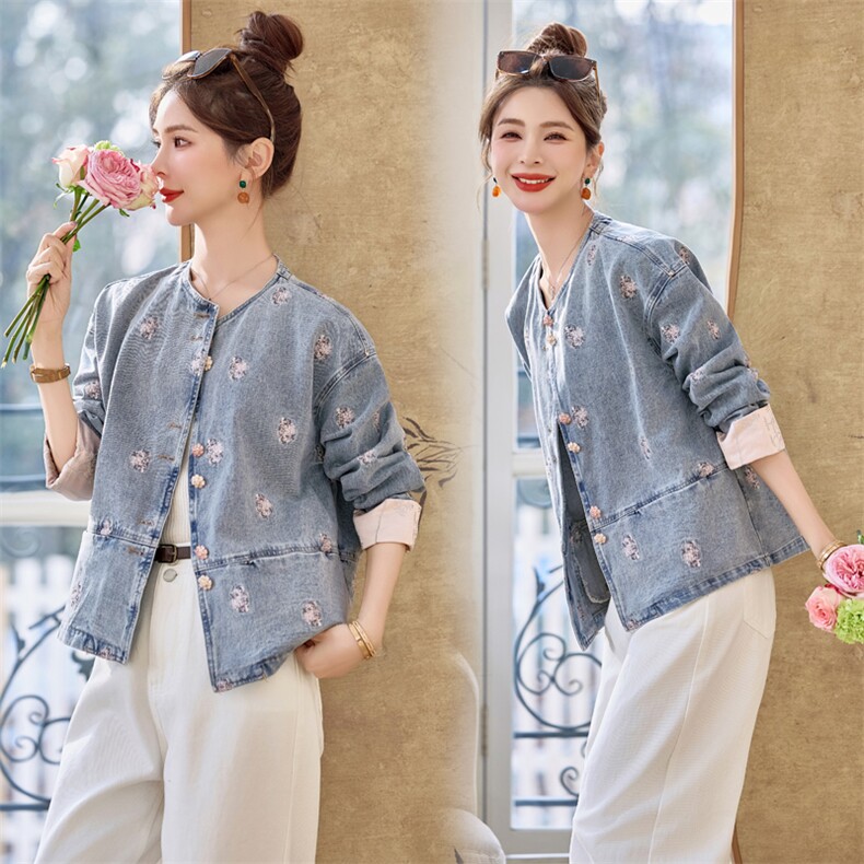 重工亮片刺绣牛仔外套女2025春季新款休闲气质减龄百搭国风牛仔衣，女装牛仔外套，悠米