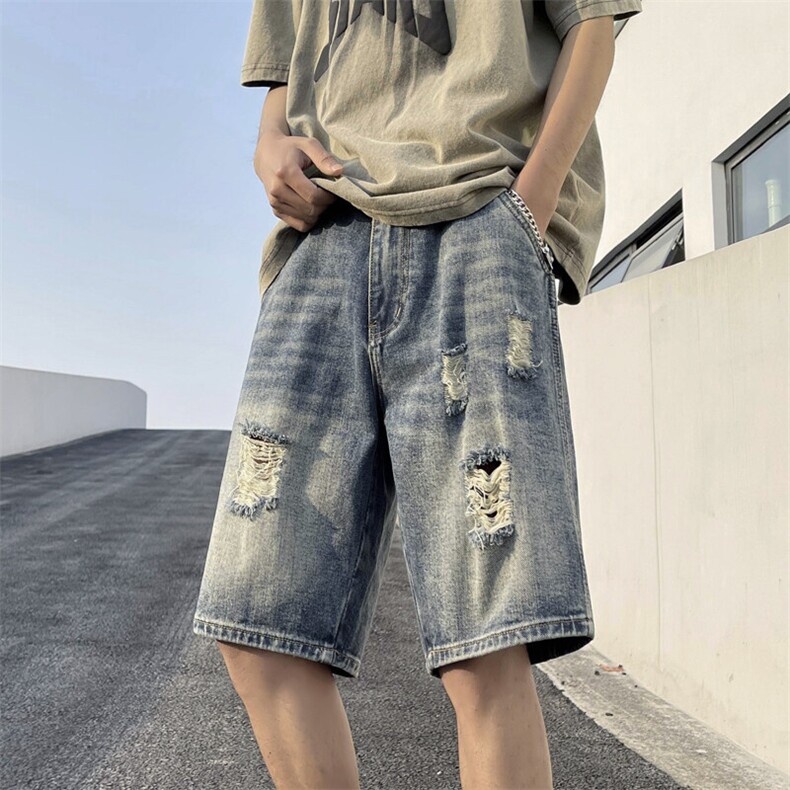 夏季破洞牛仔短裤男款宽松直筒休闲复古FM881P24,男装牛仔裤,星座1013-1