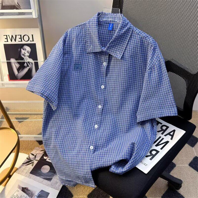 蓝色小格子短袖衬衫男夏季韩版慵懒chic宽松外套刺绣百搭休闲衬衣，男装衬衫，星座601-2