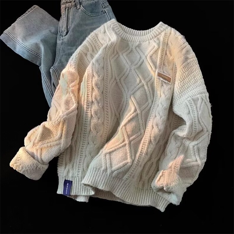 797-P48日系麻花长袖毛衣男女款加厚宽松圆领线衣内搭ins潮,男装T恤,电商B323A