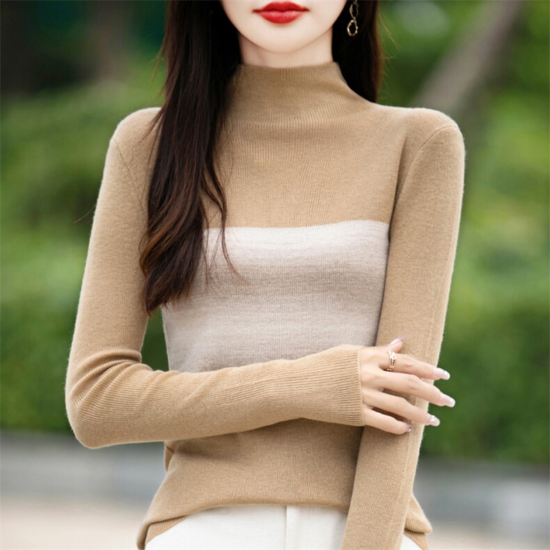 2025秋冬小众设计感半高领拼接百搭针织衫女修身显瘦内搭打底毛衣,针织衫/毛衣,暖姿羊绒